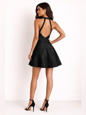 Dress the Population Halter Jacquard Fit Flare Dress Open Back Floral Sz M